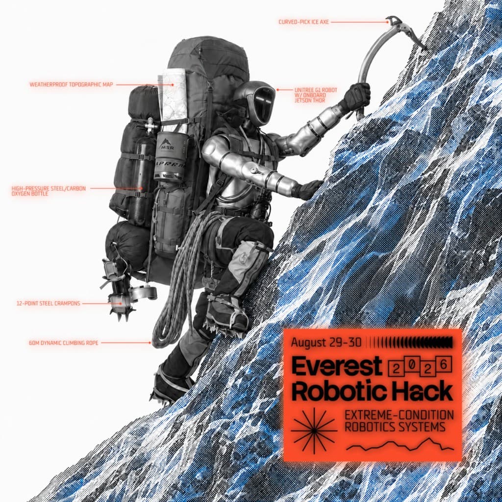 The humanoid robot climbing with annotated expedition gear: ice axe, crampons, oxygen bottle, climbing rope